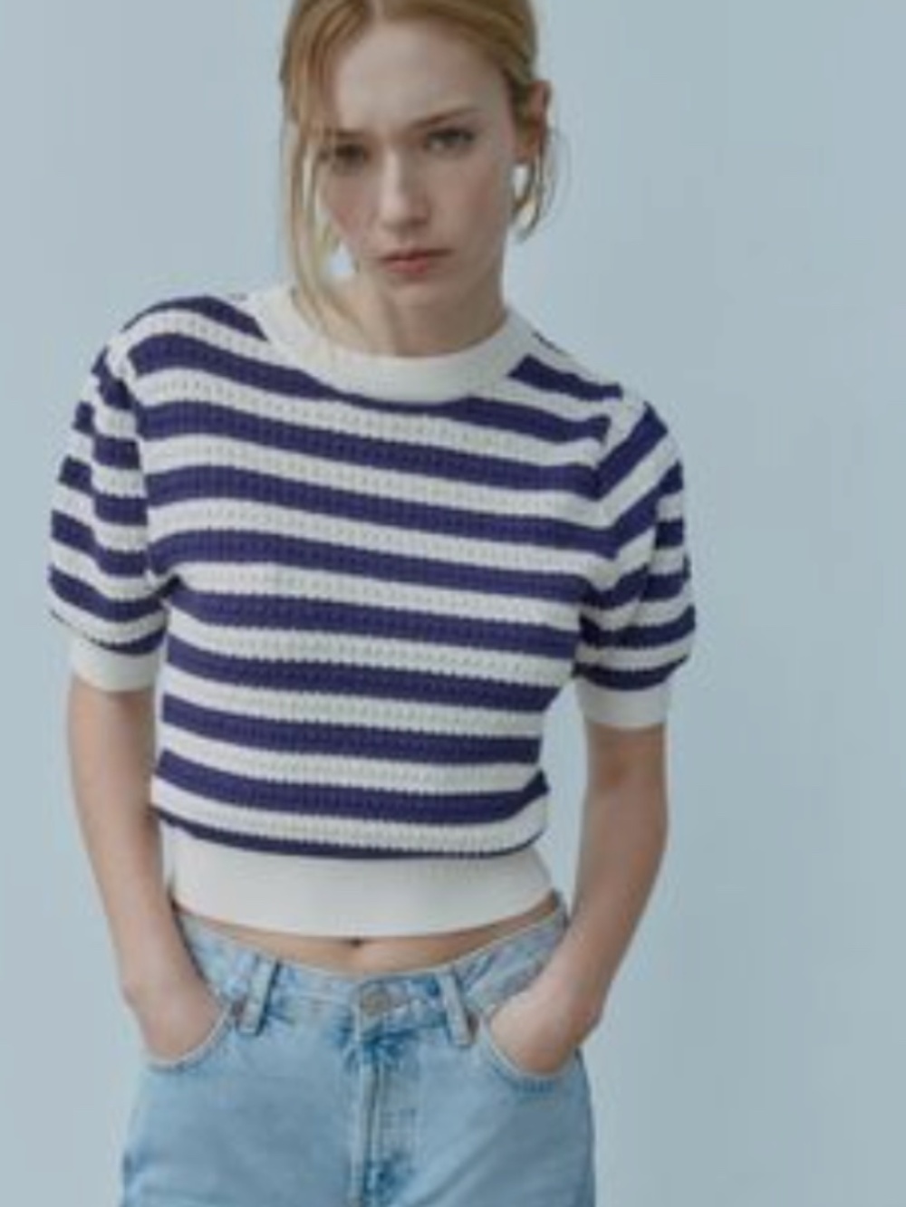 Zara Striped Short Sleeve Cropped Knit Nautical Coastal Top Blue/White Size M